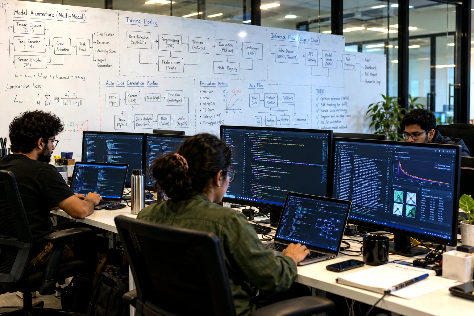 Engineers working against a whiteboard carrying a model architecture and training pipeline